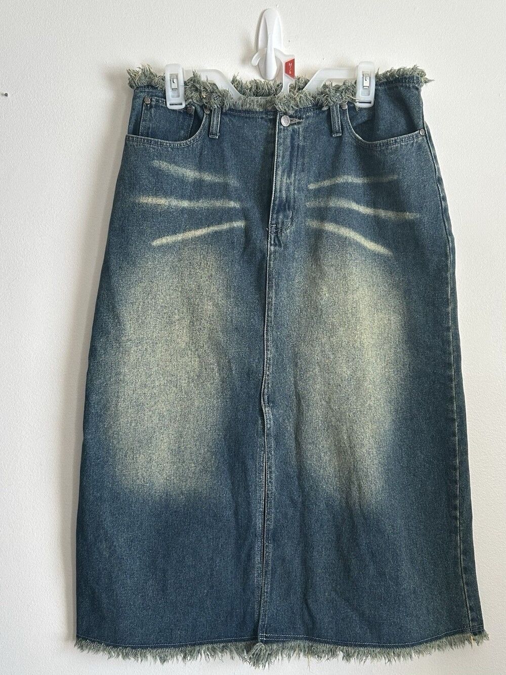 Beautiful VTG 90s Y2K Americana Blues Denim Midi Skirt Raw Fringe Edges Size 14